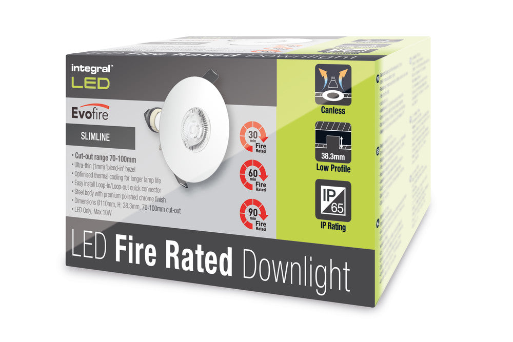 EVOFIRE FIRE RATED DOWNLIGHT 70-100MM CUTOUT IP65 POLISHED CHROME ROUND +GU10 HOLDER INTEGRAL - ILDLFR70D021