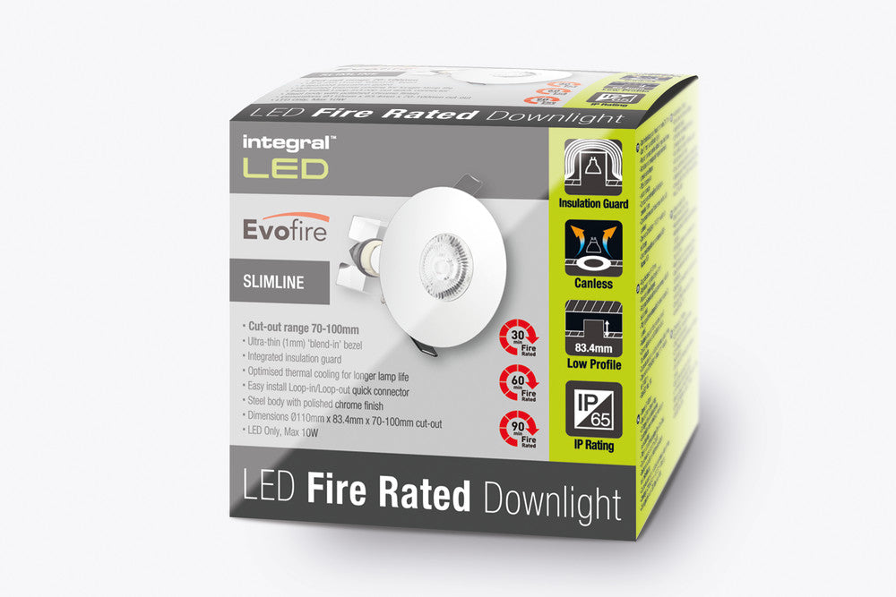 EVOFIRE FIRE RATED DOWNLIGHT 70-100MM CUTOUT IP65 POLISHED CHROME ROUND +GU10 HOLDER & INSULATION GUARD INTEGRAL - ILDLFR70D020