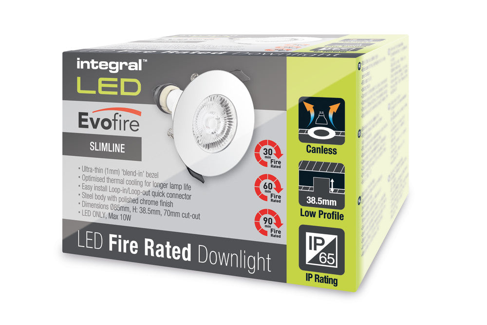 EVOFIRE FIRE RATED DOWNLIGHT 70MM CUTOUT IP65 POLISHED CHROME ROUND +GU10 HOLDER INTEGRAL - ILDLFR70D017