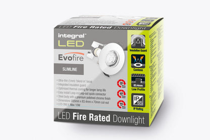 EVOFIRE FIRE RATED DOWNLIGHT 70MM CUTOUT IP65 POLISHED CHROME ROUND +GU10 HOLDER & INSULATION GUARD INTEGRAL - ILDLFR70D018