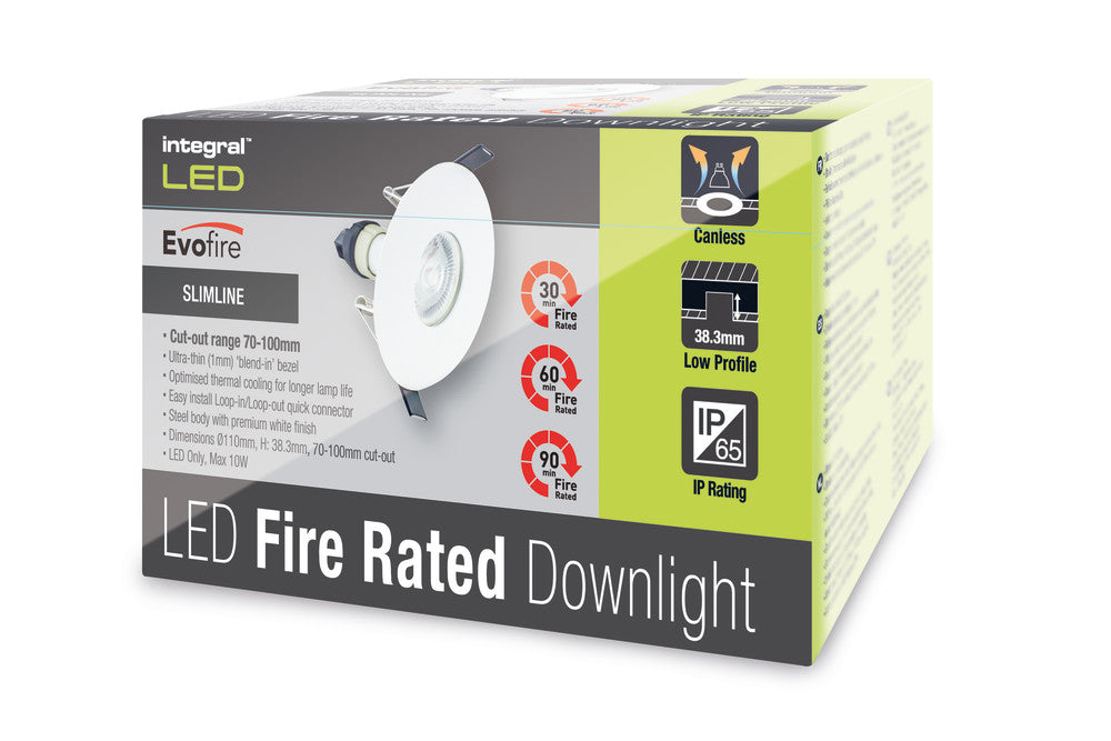 EVOFIRE FIRE RATED DOWNLIGHT 70-100MM CUTOUT IP65 WHITE ROUND +GU10 HOLDER INTEGRAL - ILDLFR70D015