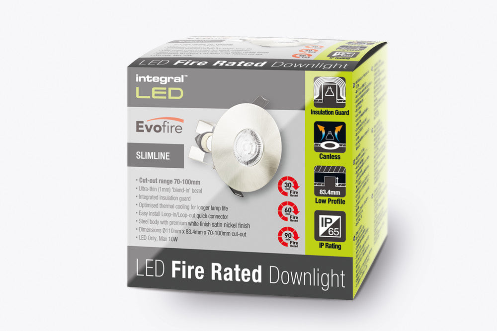EVOFIRE FIRE RATED DOWNLIGHT 70-100MM CUTOUT IP65 SATIN NICKEL ROUND +GU10 HOLDER & INSULATION GUARD INTEGRAL - ILDLFR70D014