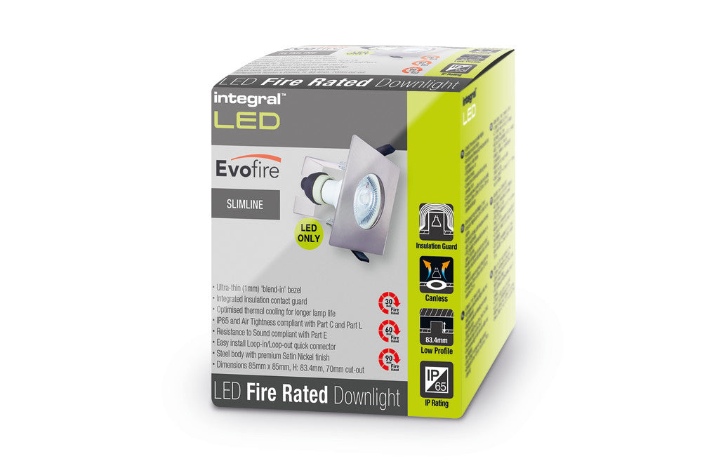 EVOFIRE FIRE RATED DOWNLIGHT 70MM CUTOUT IP65 SATIN NICKEL SQUARE +GU10 HOLDER & INSULATION GUARD INTEGRAL - ILDLFR70D010