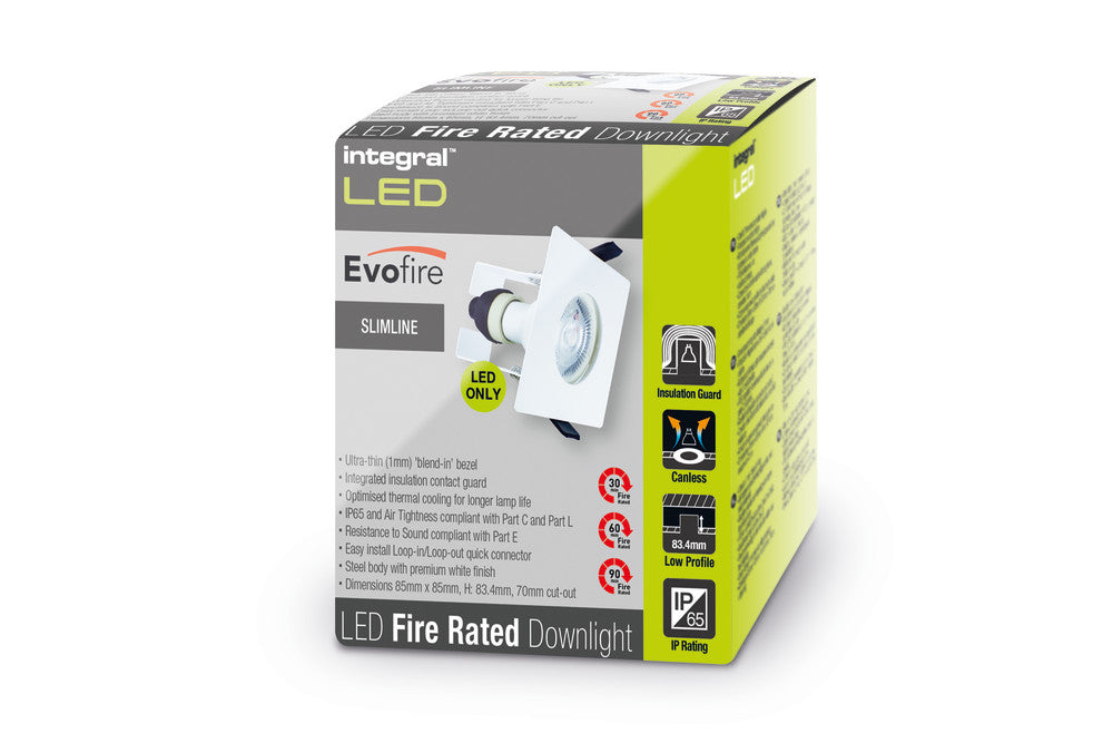 EVOFIRE FIRE RATED DOWNLIGHT 70MM CUTOUT IP65 WHITE SQUARE +GU10 HOLDER & INSULATION GUARD INTEGRAL - ILDLFR70D009