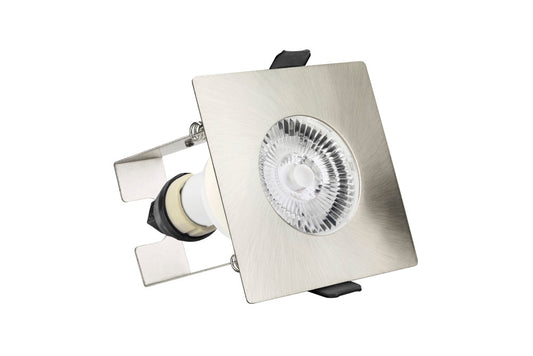 EVOFIRE FIRE RATED DOWNLIGHT 70MM CUTOUT IP65 SATIN NICKEL SQUARE +GU10 HOLDER & INSULATION GUARD INTEGRAL - ILDLFR70D010
