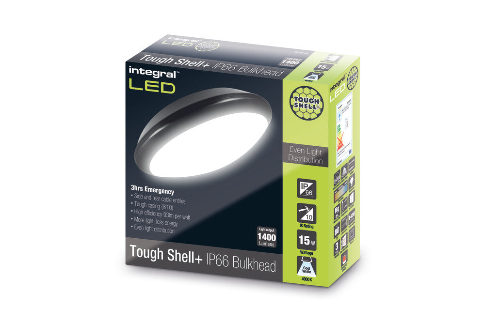 TOUGH SHELL+ BULKHEAD EMERGENCY 3HR 308MM DIA IP66 1400LM 15W 4000K IK10 110 BEAM NON-DIMM BLACK 93LM/W INTEGRAL - ILBHA061