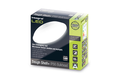 TOUGH SHELL+ BULKHEAD EMERGENCY 3HR AND MICROWAVE SENSOR 308MM DIA IP66 1400LM 15W 4000K IK10 110 BEAM NON-DIMM WHITE 93LM/W INTEGRAL - ILBHA059