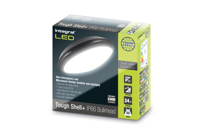 TOUGH SHELL+ BULKHEAD EMERGENCY 3HR AND MICROWAVE SENSOR 350MM DIA IP66 2400LM 24W 4000K IK10 120 BEAM NON-DIMM BLACK 100LM/W INTEGRAL - ILBHA044