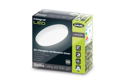 SLIMLINE CEILING/WALL LIGHT EMERGENCY 3HR AND MICROWAVE SENSOR 250MM DIA IP54 1056LM 12W 4000K IK10 120 BEAM NON-DIMM WHITE 88LM/W INTEGRAL - ILBHC010