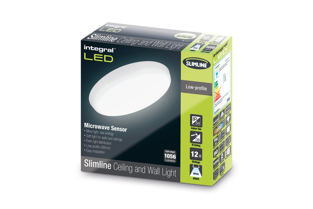 SLIMLINE CEILING/WALL LIGHT MICROWAVE SENSOR 250MM DIA IP54 1056LM 12W 4000K IK10 120 BEAM NON-DIMM WHITE 88LM/W INTEGRAL - ILBHC009