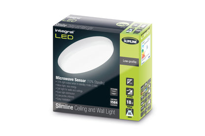 SLIMLINE CEILING/WALL LIGHT MICROWAVE SENSOR DIM TO 10% 300MM DIA IP54 1584LM 18W 4000K IK10 120 BEAM NON-DIMM WHITE 88LM/W INTEGRAL - ILBHC014