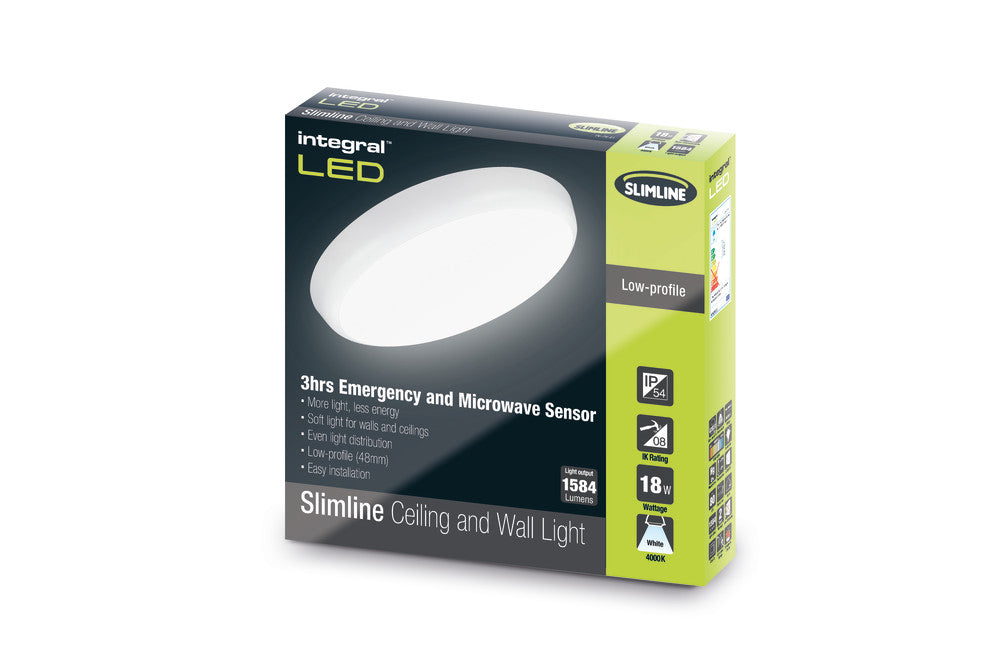 SLIMLINE CEILING/WALL LIGHT EMERGENCY 3HR AND MICROWAVE SENSOR 300MM DIA IP54 1584LM 18W 4000K IK10 120 BEAM NON-DIMM WHITE 88LM/W INTEGRAL - ILBHC013