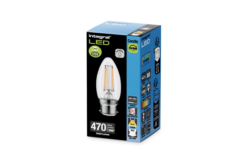 OMNI FILAMENT CANDLE BULB B22 470LM 4.2W 2700K NON-DIMM 320 BEAM CLEAR INTEGRAL - ILCANDB22NC035