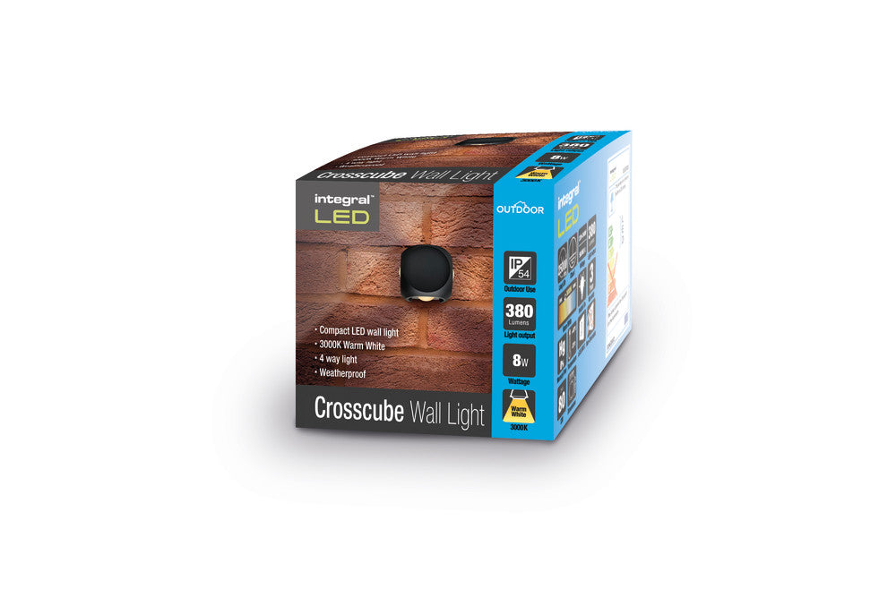 OUTDOOR DECORATIVE WALL LIGHT CROSSCUBE IP54 360LM 8W 3000K 4 WAY LIGHT DARK GREY INTEGRAL - ILDEB035