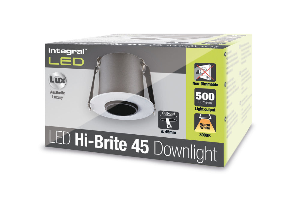 HI-BRITE DOWNLIGHT 45MM CUTOUT 9W 500LM 58LM/W 3000K 30 BEAM NON-DIMM FINISH-A WHITE INTEGRAL - ILDL45K001
