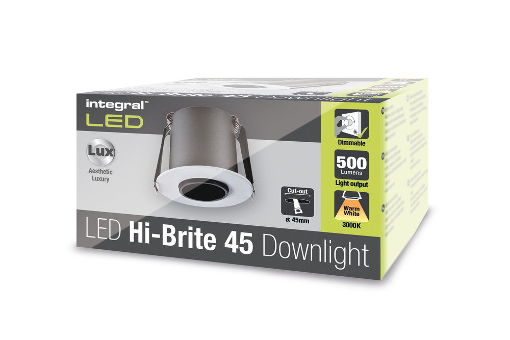 HI-BRITE DOWNLIGHT 45MM CUTOUT 9W 500LM 58LM/W 3000K 30 BEAM DIMMABLE FINISH-A WHITE INTEGRAL - ILDL45K003