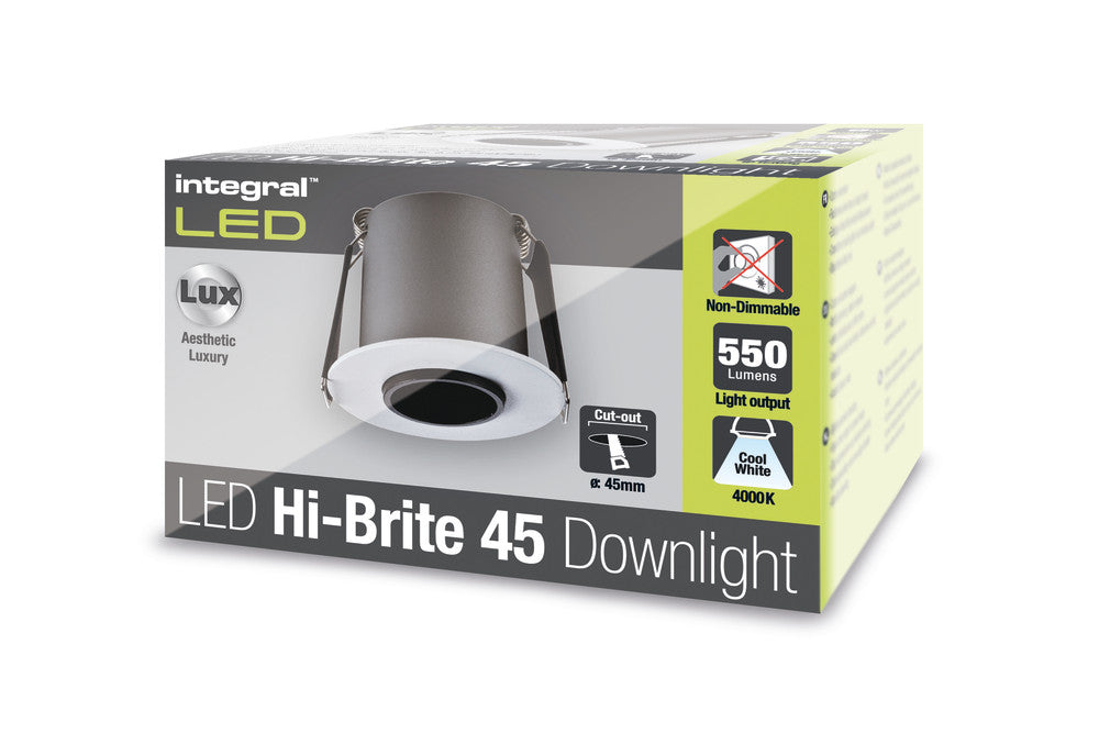 HI-BRITE DOWNLIGHT 45MM CUTOUT 9W 550LM 63LM/W 4000K 30 BEAM NON-DIMM FINISH-A WHITE INTEGRAL - ILDL45K005
