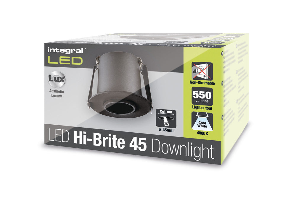 HI-BRITE DOWNLIGHT 45MM CUTOUT 9W 550LM 63LM/W 4000K 30 BEAM NON-DIMM FINISH-A BLACK INTEGRAL - ILDL45K006