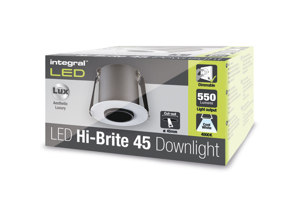 HI-BRITE DOWNLIGHT 45MM CUTOUT 9W 550LM 63LM/W 4000K 30 BEAM DIMMABLE FINISH-A WHITE INTEGRAL - ILDL45K007