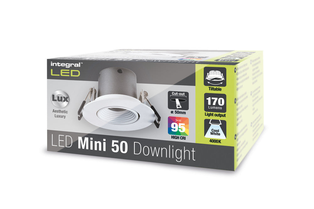 MINI TILTABLE DOWNLIGHT 50MM CUTOUT 3.3W 170LM 52LM/W 4000K 15 BEAM NON-DIM FINISH-F WHITE INTEGRAL - ILDL50J007