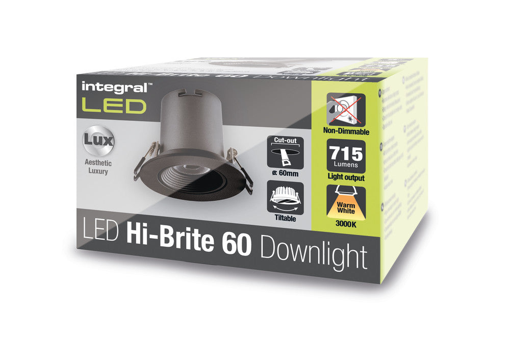 HI-BRITE TILTABLE DOWNLIGHT 60MM CUTOUT 9W 715LM 82LM/W 3000K 30 BEAM NON-DIMM FINISH-F BLACK INTEGRAL - ILDL60K010