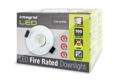LUXFIRE FIRE RATED DOWNLIGHT 70MM CUTOUT IP65 700LM 9W 3000K 55 BEAM DIMMABLE 78LM/W WHITE INTEGRAL - ILDLFR70A007