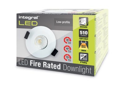 LOW-PROFILE FIRE RATED DOWNLIGHT 70-75MM CUTOUT IP65 510LM 6W 3000K 38 BEAM DIMMABLE 85LM/W WHITE INTEGRAL - ILDLFR70B001