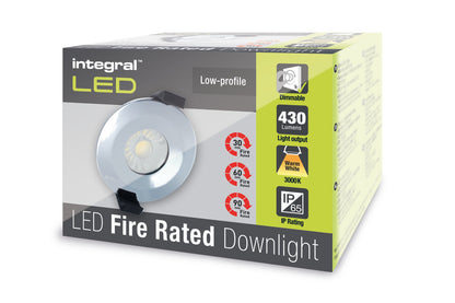 LOW-PROFILE FIRE RATED DOWNLIGHT 70-75MM CUTOUT IP65 430LM 6W 3000K 38 BEAM DIMMABLE 72LM/W POLISHED CHROME INTEGRAL - ILDLFR70B008