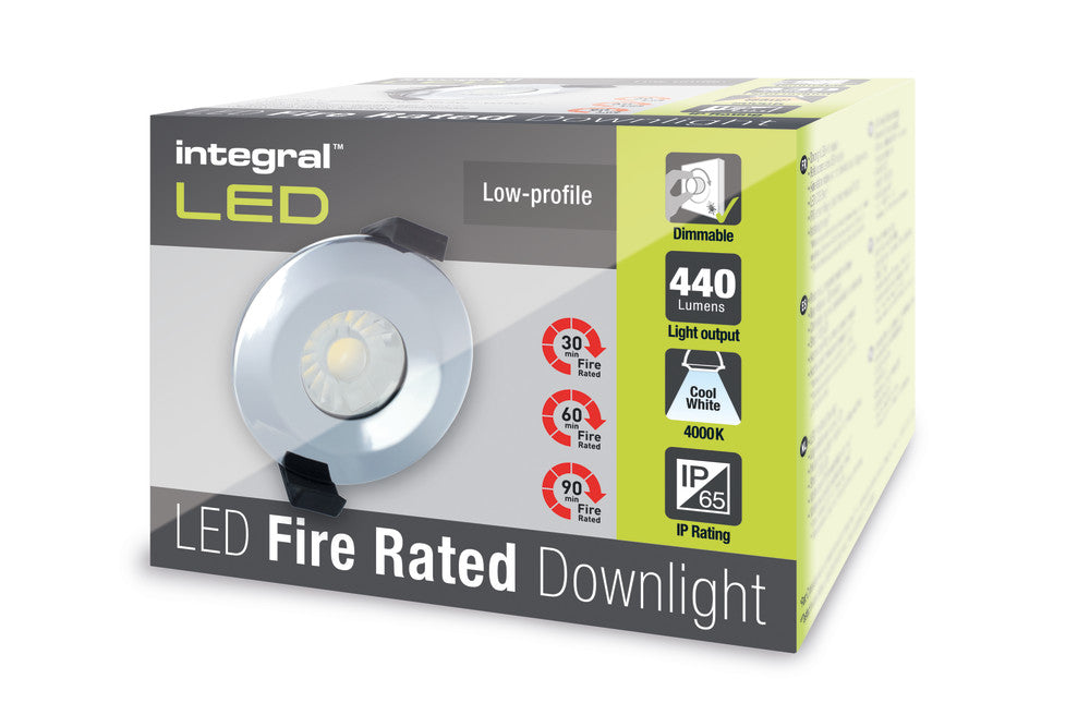 LOW-PROFILE FIRE RATED DOWNLIGHT 70-75MM CUTOUT IP65 440LM 6W 4000K 38 BEAM DIMMABLE 73LM/W POLISHED CHROME INTEGRAL - ILDLFR70B009