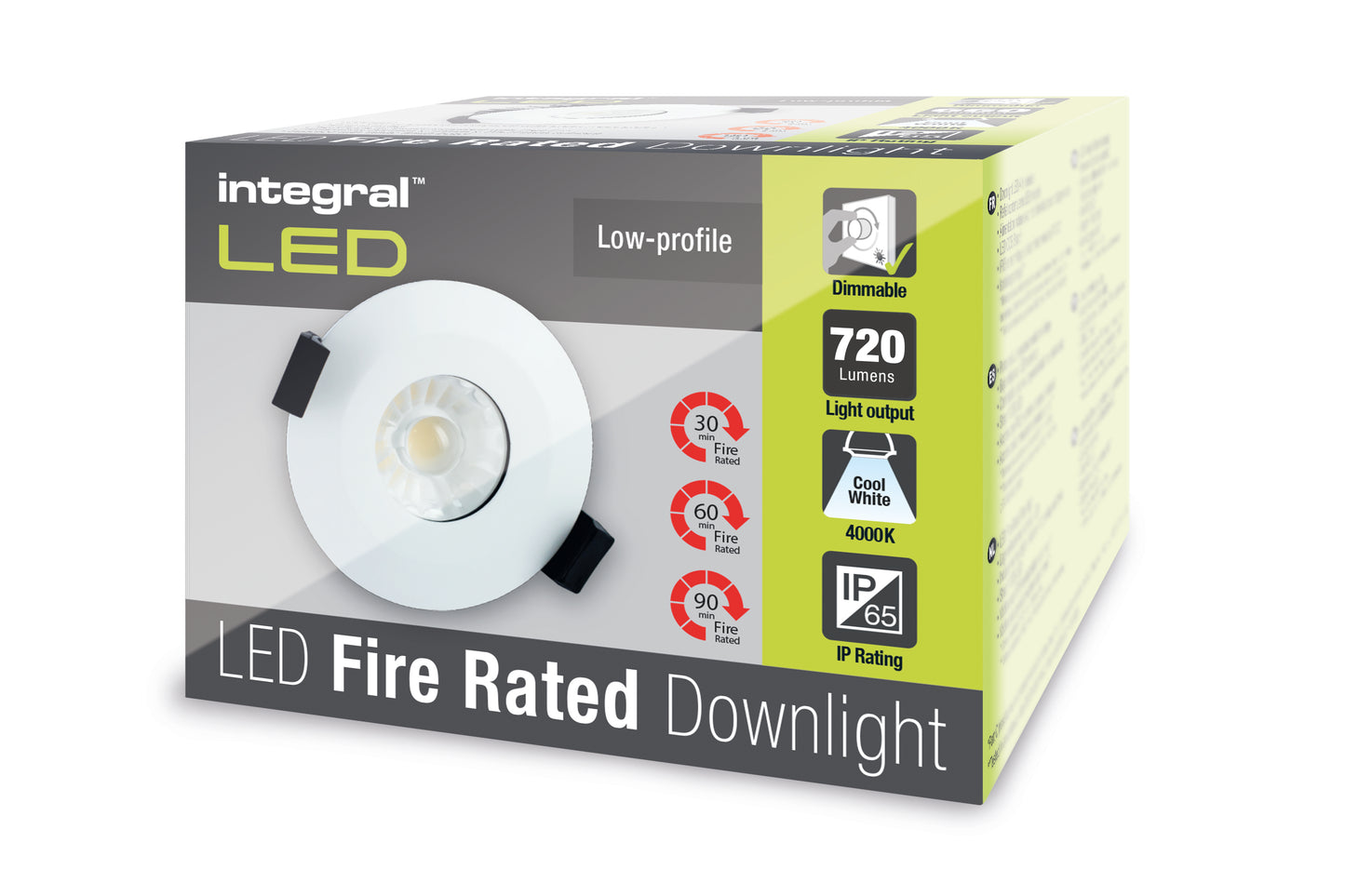 LOW-PROFILE FIRE RATED DOWNLIGHT 70-75MM CUTOUT IP65 720LM 8.5W 4000K 60 BEAM DIMMABLE 84LM/W WHITE INTEGRAL - ILDLFR70B011