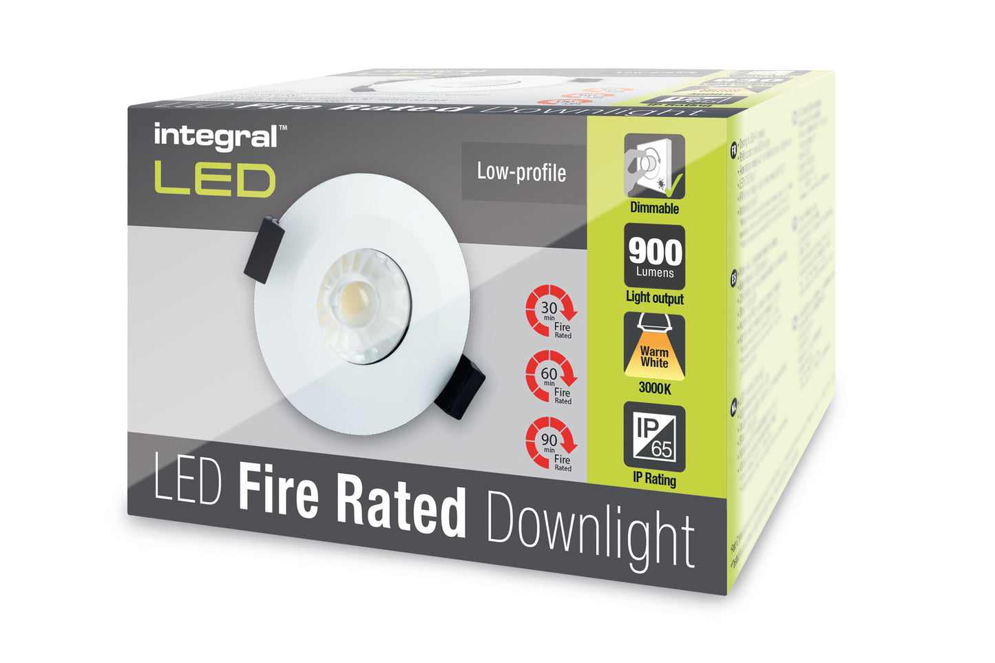 LOW-PROFILE FIRE RATED DOWNLIGHT 70-75MM CUTOUT IP65 900LM 10W 3000K 60 BEAM DIMMABLE 90LM/W WHITE INTEGRAL - ILDLFR70B012