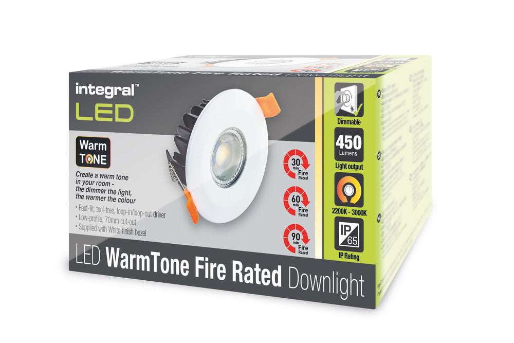 WARMTONE FIRE RATED DOWNLIGHT 70MM CUTOUT 450LM 6W 2200-3000k 38 BEAM DIMMABLE 75LM/W WHITE INTEGRAL - ILDLFR70G001