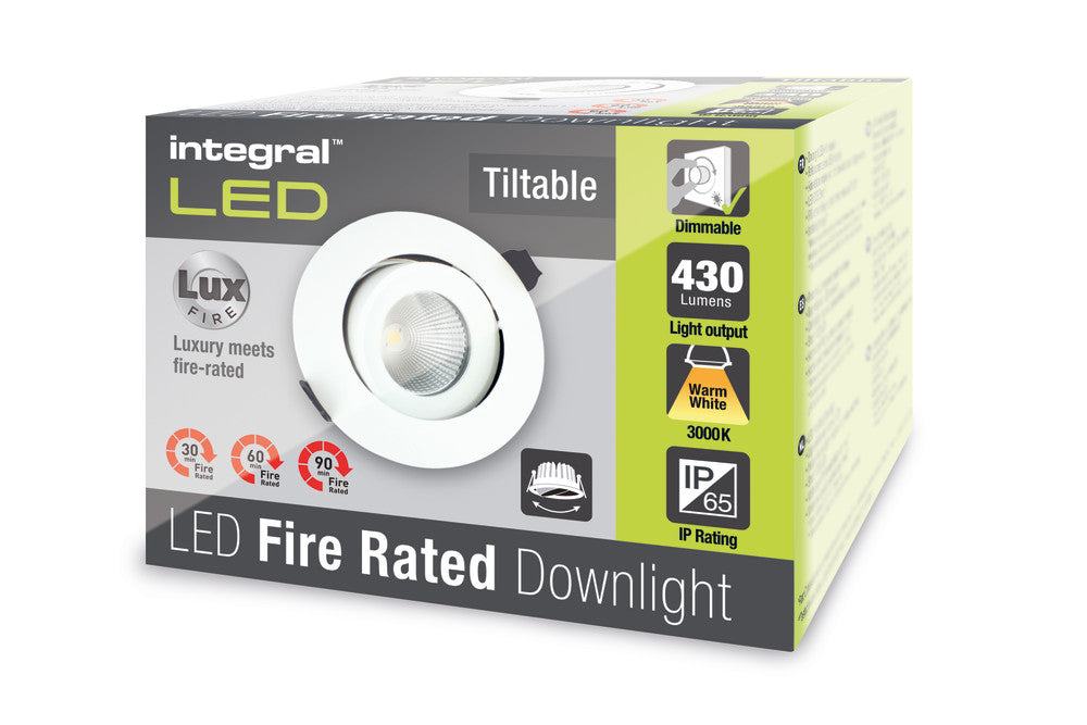 LUXFIRE FIRE RATED TILTABLE DOWNLIGHT 92MM CUTOUT IP65 430LM 6W 3000K 36 BEAM DIMMABLE 72LM/W WHITE INTEGRAL - ILDLFR92C001