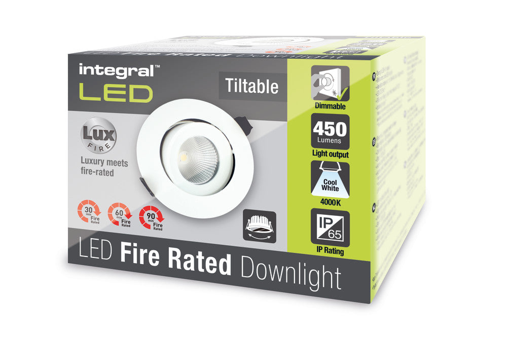 LUXFIRE FIRE RATED TILTABLE DOWNLIGHT 92MM CUTOUT IP65 450LM 6W 4000K 36 BEAM DIMMABLE 75LM/W WHITE INTEGRAL - ILDLFR92C003