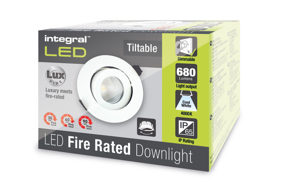 LUXFIRE FIRE RATED TILTABLE DOWNLIGHT 92MM CUTOUT IP65 680LM 9W 4000K 36 BEAM DIMMABLE 76LM/W WHITE INTEGRAL - ILDLFR92C006