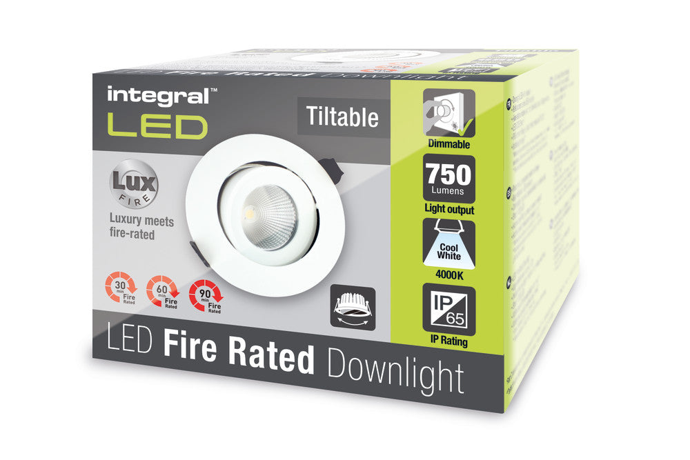 LUXFIRE FIRE RATED TILTABLE DOWNLIGHT 92MM CUTOUT IP65 750LM 9W 4000K 55 BEAM DIMMABLE 83LM/W WHITE INTEGRAL - ILDLFR92C008