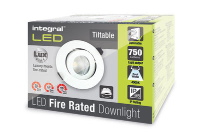 LUXFIRE FIRE RATED TILTABLE DOWNLIGHT 92MM CUTOUT IP65 750LM 9W 4000K 55 BEAM DIMMABLE 83LM/W WHITE INTEGRAL - ILDLFR92C008