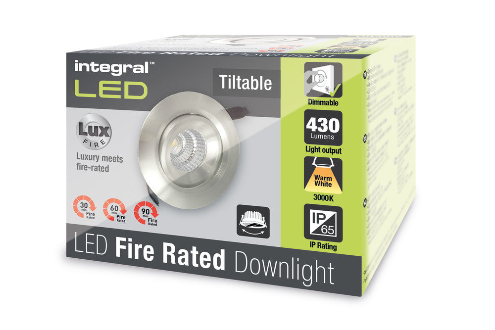 LUXFIRE FIRE RATED TILTABLE DOWNLIGHT 92MM CUTOUT IP65 430LM 6W 3000K 36 BEAM DIMMABLE 72LM/W SATIN NICKEL INTEGRAL - ILDLFR92C015