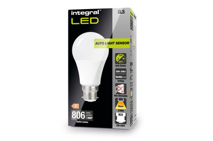 GLS BULB WITH DUSK TO DAWN DUAL SENSOR B22 806LM 8W 2700K NON-DIMM 240 BEAM FROSTED INTEGRAL - ILGLSB22SC042