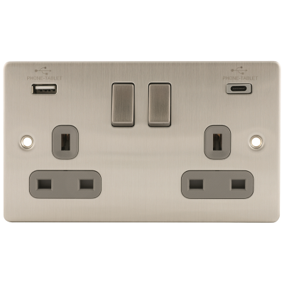 Premium Edge - Socket, 2 Gang (2G) Switched Grey Insert, c/w 3.1A Type C & Type A USB Ports
