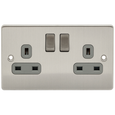 Premium Edge - Socket, 2 Gang (2G) DP Switched Twin Earths, Grey Insert