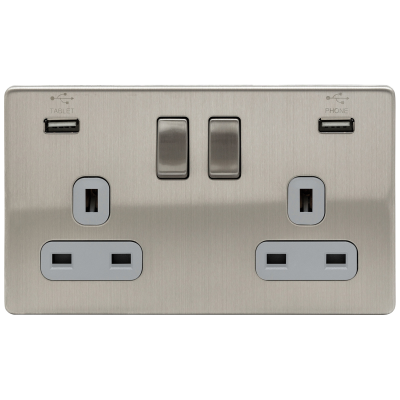 Ultima - Socket, 2 Gang (2G) Switched Grey Insert, c/w 1x2.1A & 1x1A USB Ports