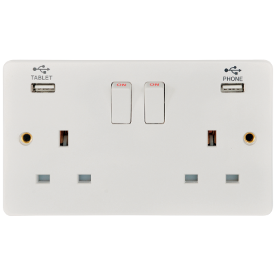 Profile - Socket, Switched 2 Gang (2G), c/w 1x2.1A & 1x1A USB Port