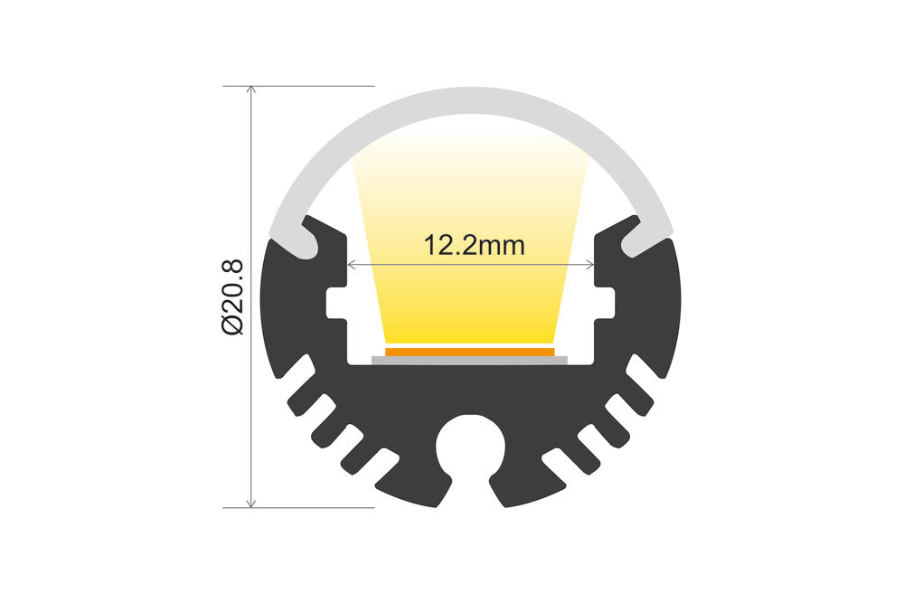 PROFILE ALUMINIUM ROUND 2M FROSTED DIFFUSER 20.8MM DIA FOR IP65 12MM WIDTH STRIP INCLUDE 2 ENDCAPS AND 4 MOUNTING BRACKETS INTEGRAL - ILPFO128