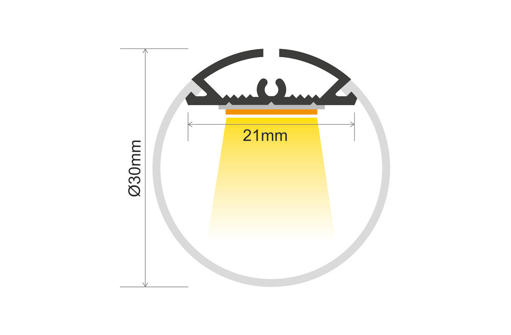 PROFILE ALUMINIUM ROUND 1M FROSTED DIFFUSER 30MM DIA FOR 2 X IP33 10MM WIDTH STRIP INCLUDE 2 ENDCAPS 2 SCREWS AND 2 SUSPENSION KITS INTEGRAL - ILPFO135