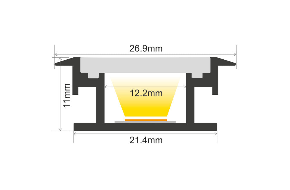 PROFILE ALUMINIUM RECESSED 1M FROSTED DIFFUSER 26.9 X 11MM FOR IP65 12MM WIDTH STRIP INCLUDE 2 ENDCAPS INTEGRAL - ILPFR094