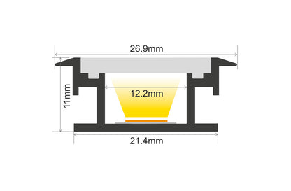 PROFILE ALUMINIUM RECESSED 2M FROSTED DIFFUSER 26.9 X 11MM FOR IP65 12MM WIDTH STRIP INCLUDE 2 ENDCAPS INTEGRAL - ILPFR095