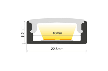 PROFILE ALUMINIUM SURFACE MOUNT 1M FROSTED DIFFUSER 22.6 X 8.5MM FOR IP65 16MM WIDTH STRIP INCLUDE 2 ENDCAPS AND 2 MOUNTING BRACKETS INTEGRAL - ILPFS053