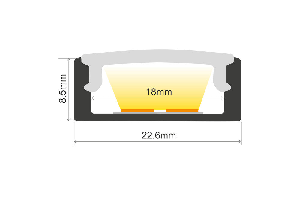 PROFILE ALUMINIUM SURFACE MOUNT 2M FROSTED DIFFUSER 22.6 X 8.5MM FOR IP65 16MM WIDTH STRIP INCLUDE 2 ENDCAPS AND 4 MOUNTING BRACKETS INTEGRAL - ILPFS054