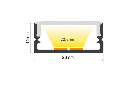 PROFILE ALUMINIUM SURFACE MOUNT 2M FROSTED DIFFUSER 23 X 10MM FOR 2 X IP33 8MM WIDTH STRIP INCLUDE 2 ENDCAPS AND 4 MOUNTING BRACKETS INTEGRAL - ILPFS063
